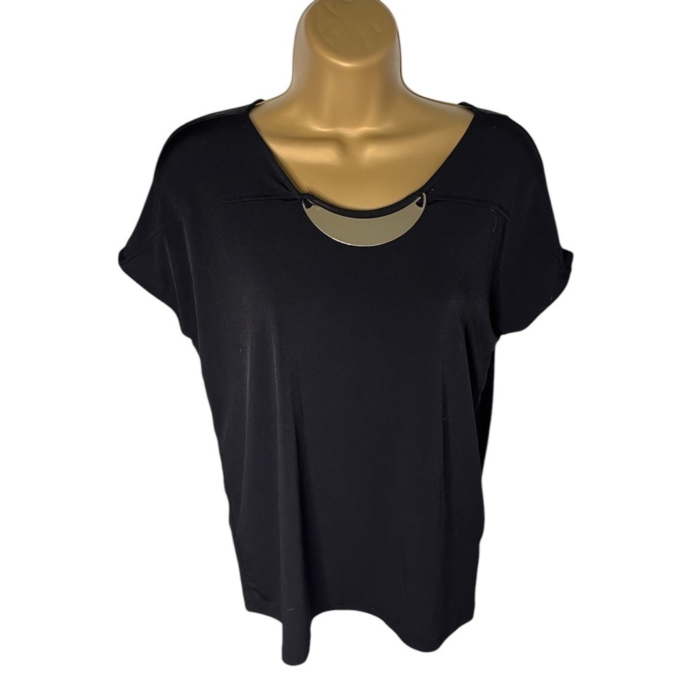 Jaclyn Smith Collection Blouse Embellished Short Sleeve Black Small
